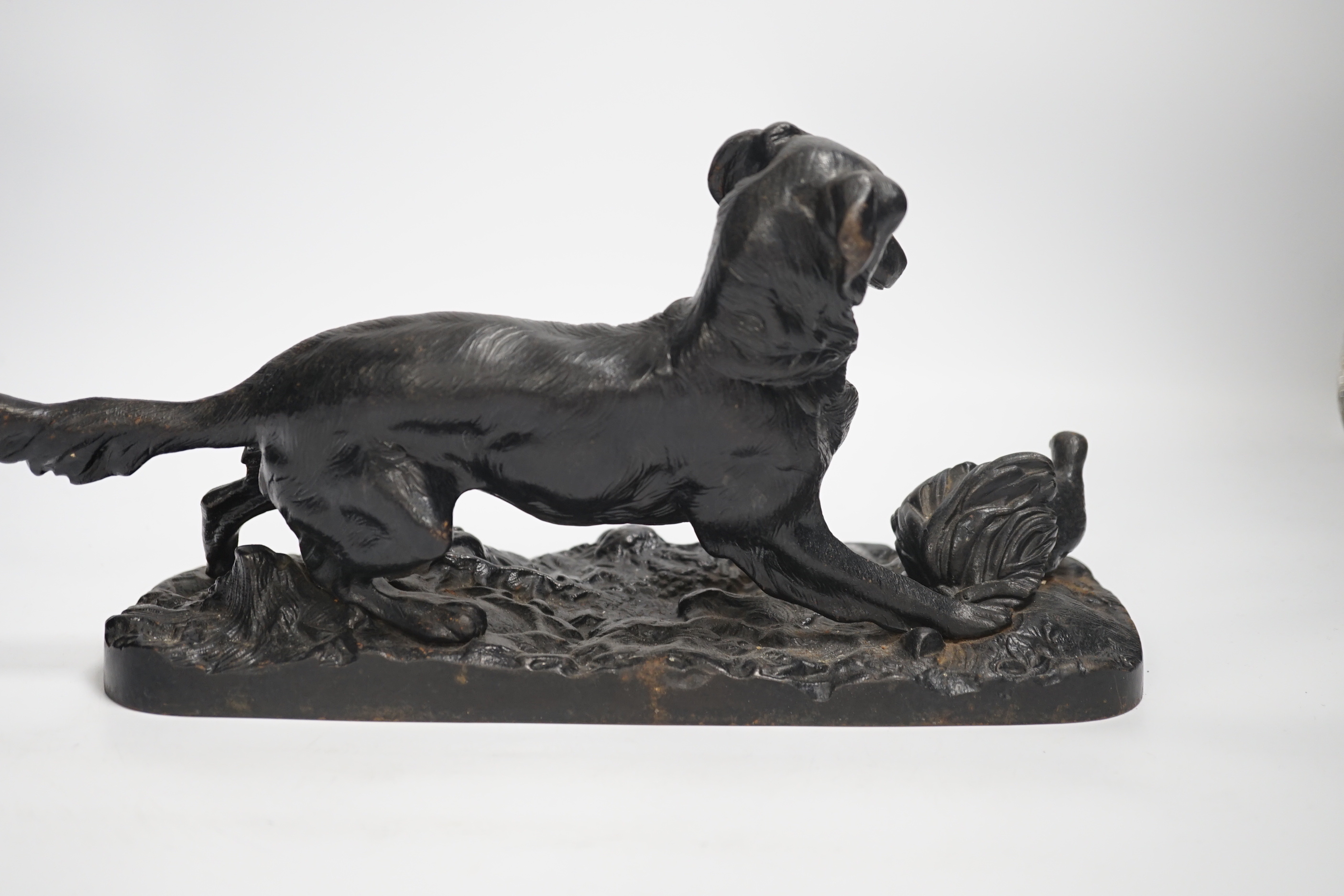 A cold-painted lead figure and a bronze animalier retriever dog, dog group 34cm long (2)